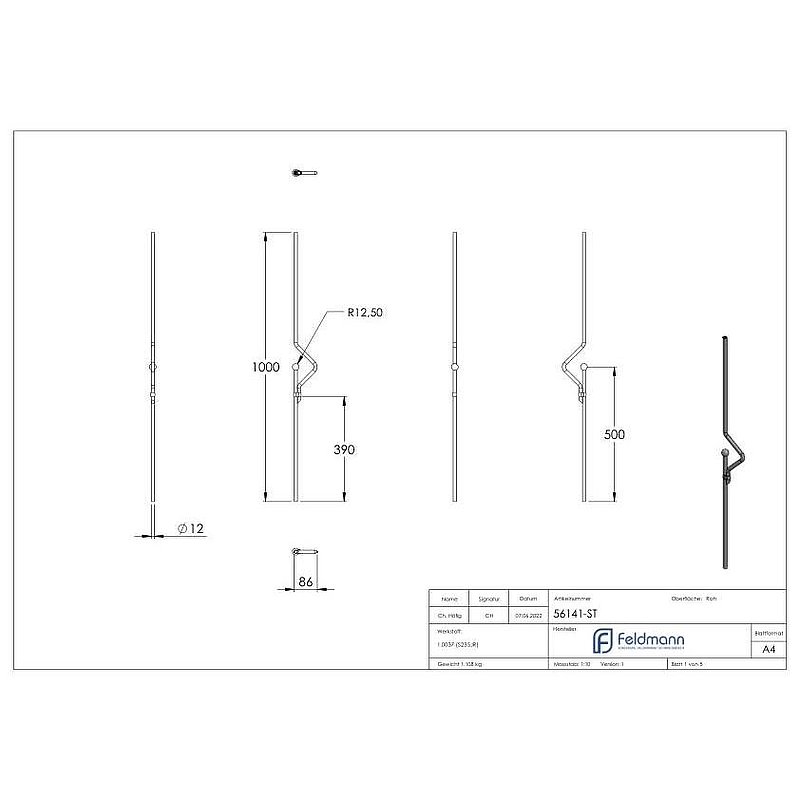Designstab Ø 12mm, H: 1000mm, S235