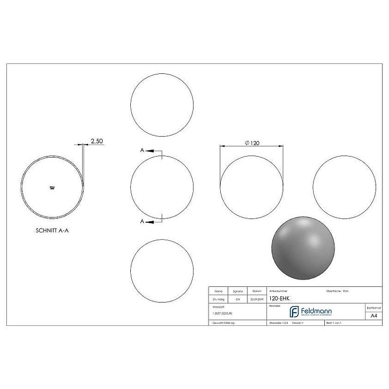 Eisenhohlkugel Ø 120x2,0 - 2,5mm
