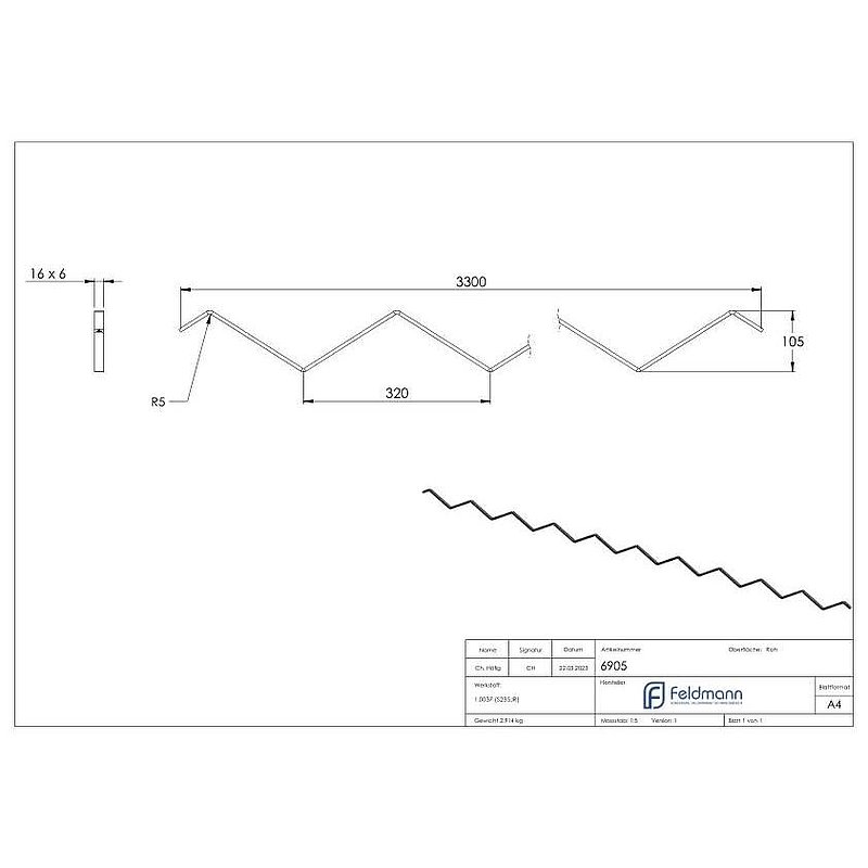 Ziergitterstange S235JR, 16x6mm, L: 3300mm