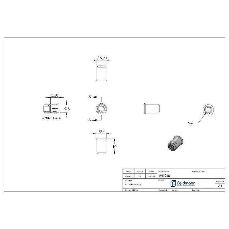 Blind-Einnietmutter, V2A, M4/Loch 6mm, V2A