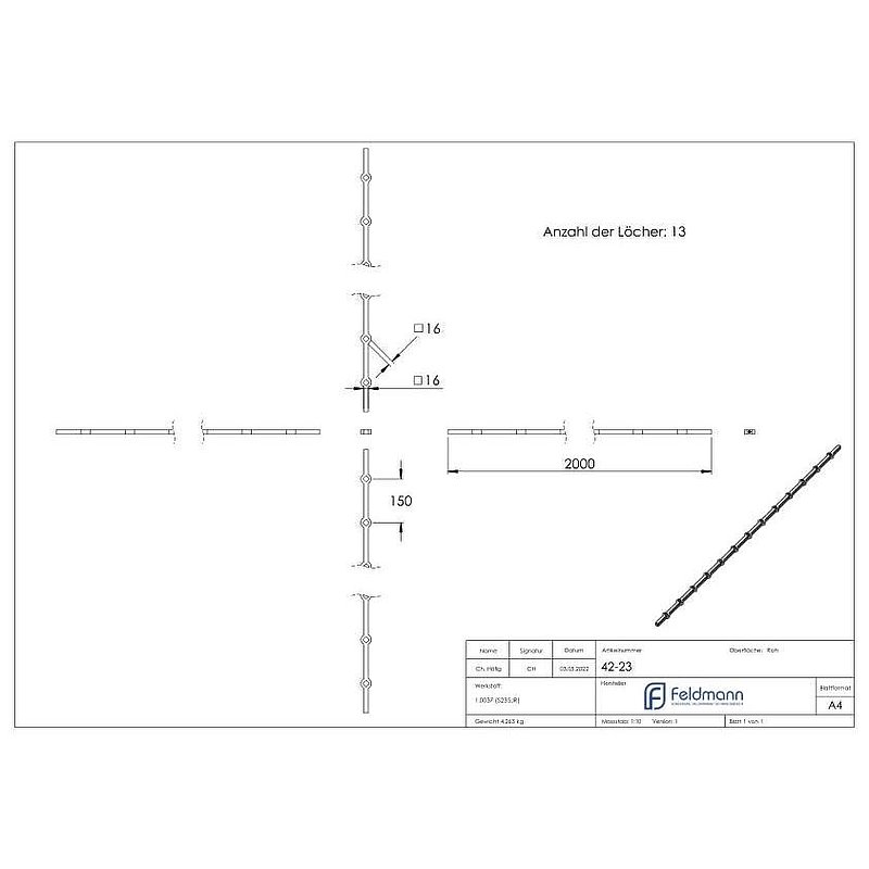 Lochleiste S235JR, 16x16mm, Lochabstand 150mm, 2000mm