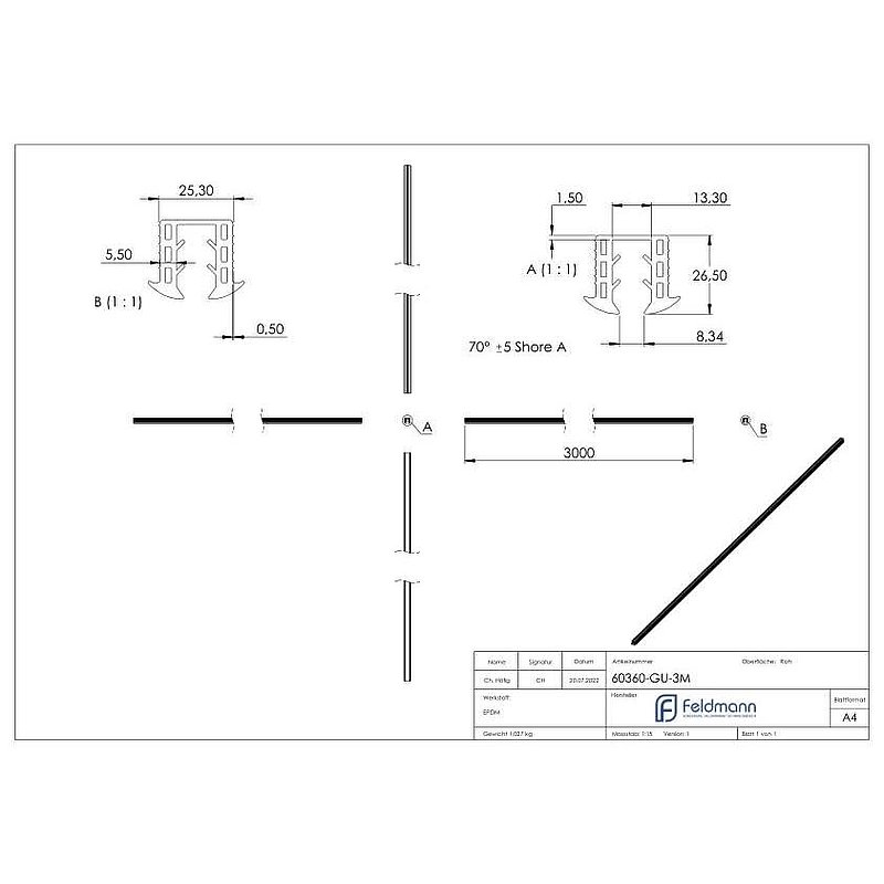Cale caoutchouc pour verre 8,00 - 10,76mm, pour rainure 24x24mm, 3000mm