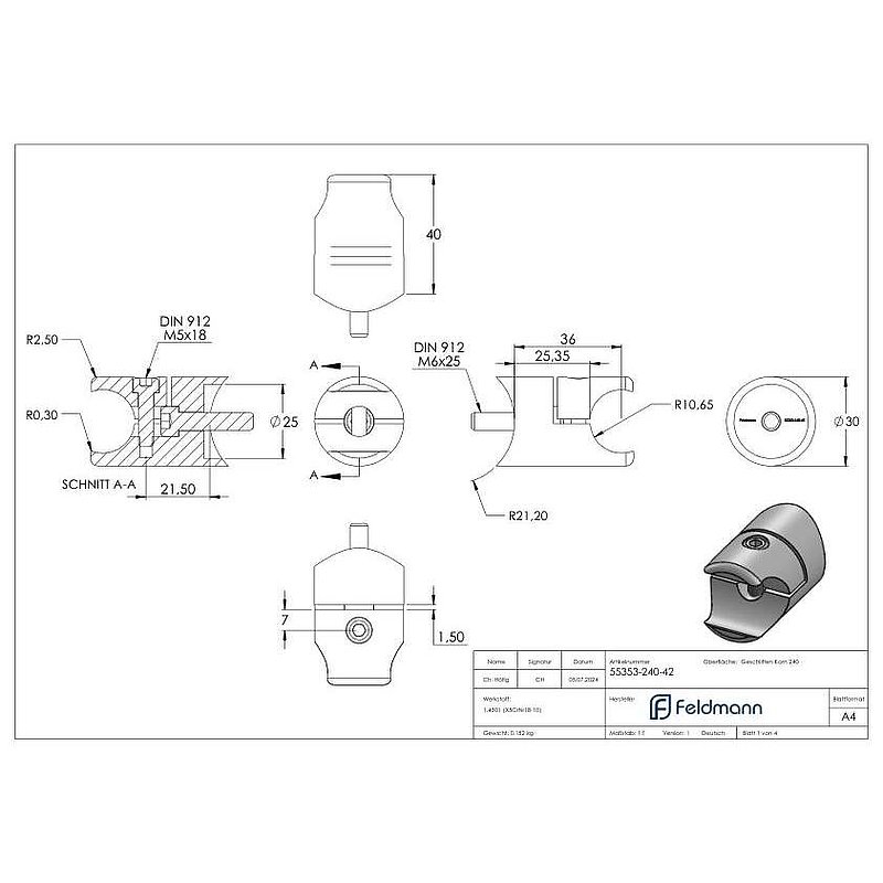 Halter für rundes Klemmprofil 21,3mm Anschluss: 42,4mm, V2A