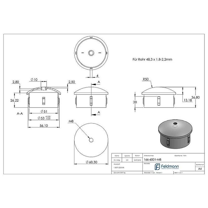Steel end cap, for tube 60.3mm