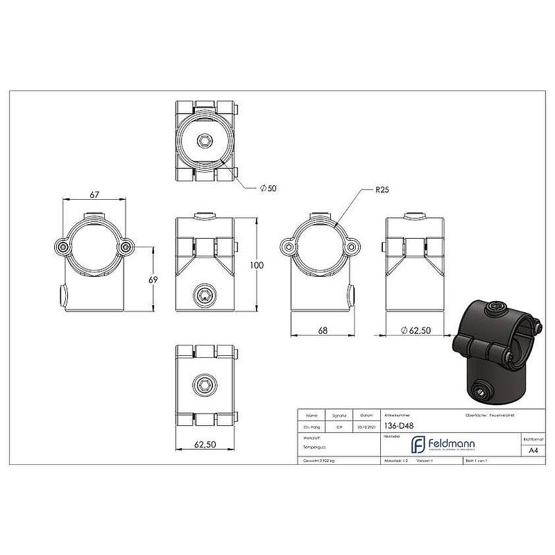 T-piece hinged, for pipe Ø 48.3mm