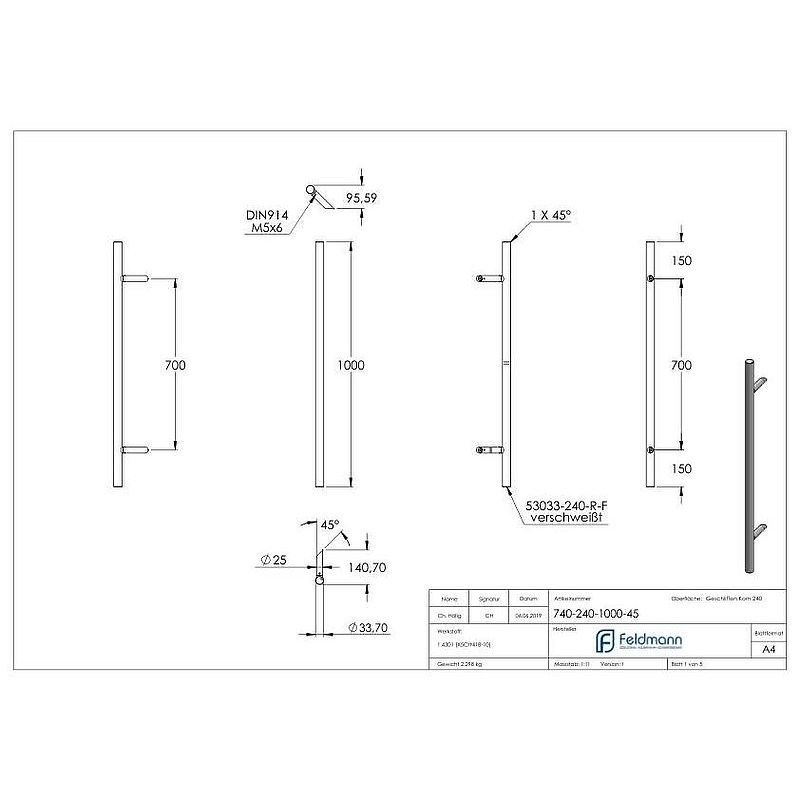 Stoßgriff inkl. Halter mit 45° Schräge 45° mit L: 1000mm, V2A