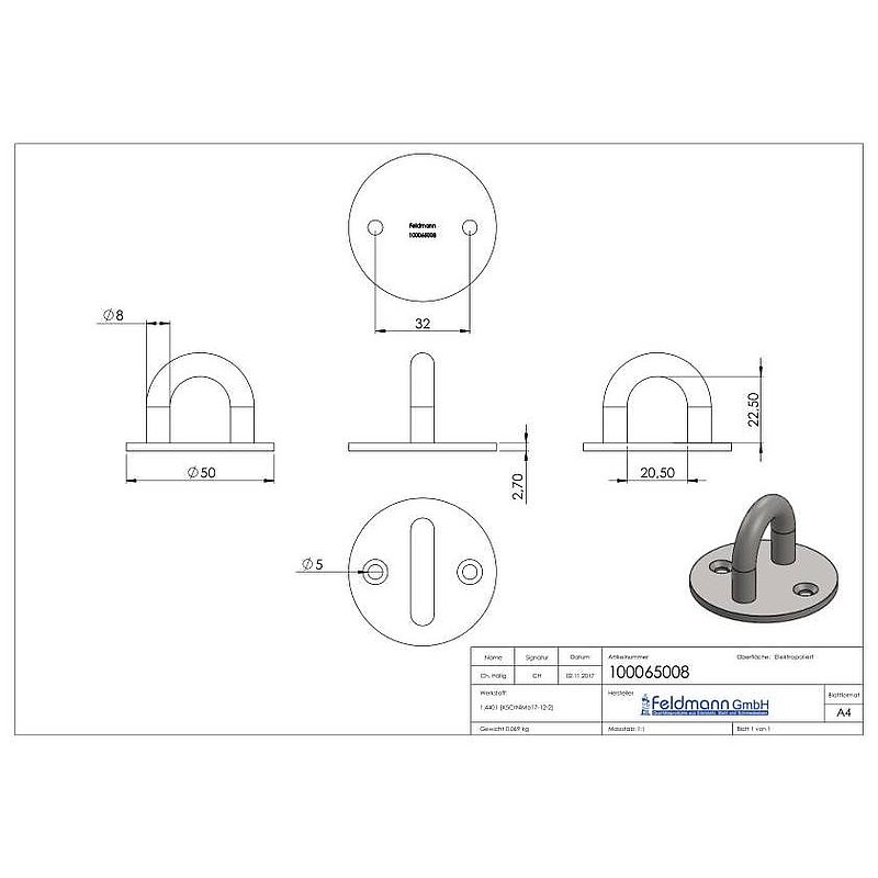 Oeillet de fixation avec plaque ronde V4A