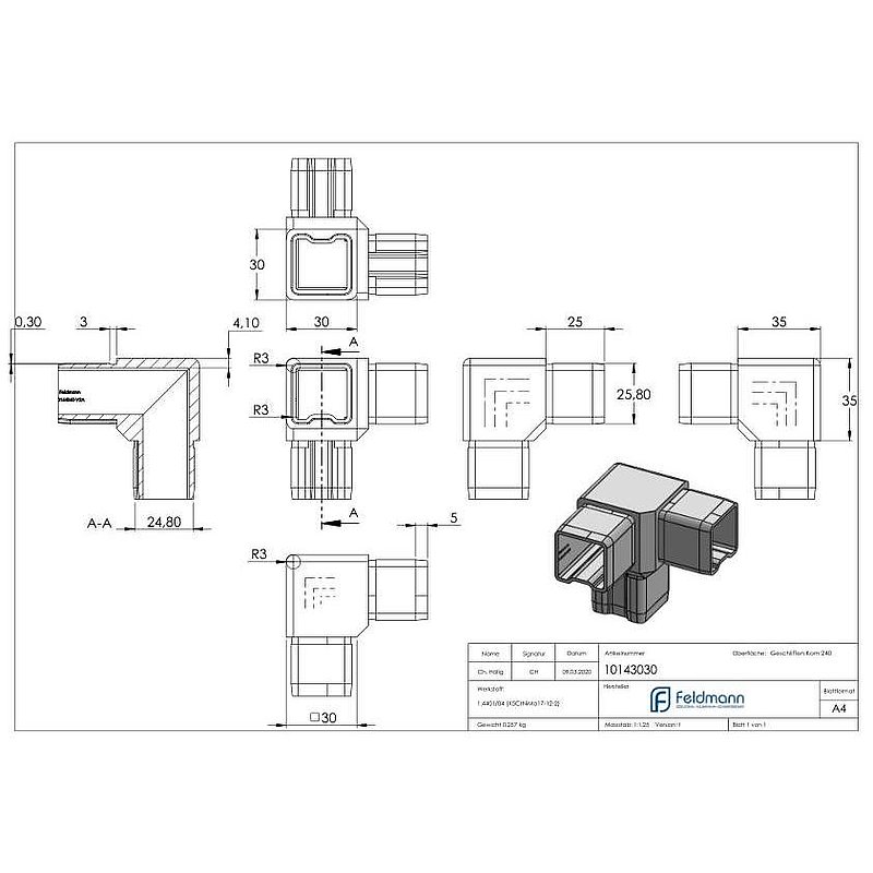 Raccord d'angle à 90° avec 3 sorties égales pour tube 30x30x2,0mm, V4A