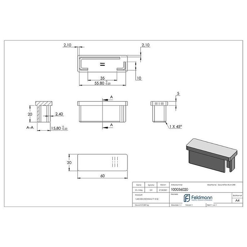 Einsteckkappe, für Rohr 60x20x2,0mm, V4A