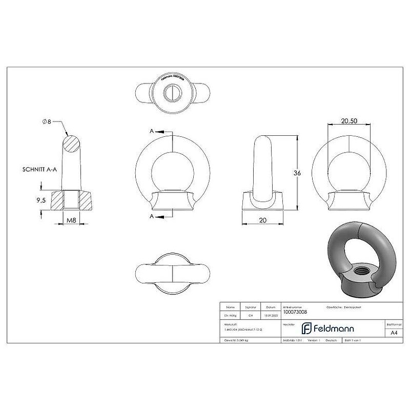 Ringmutter mit Innengewinde 8mm, V4A