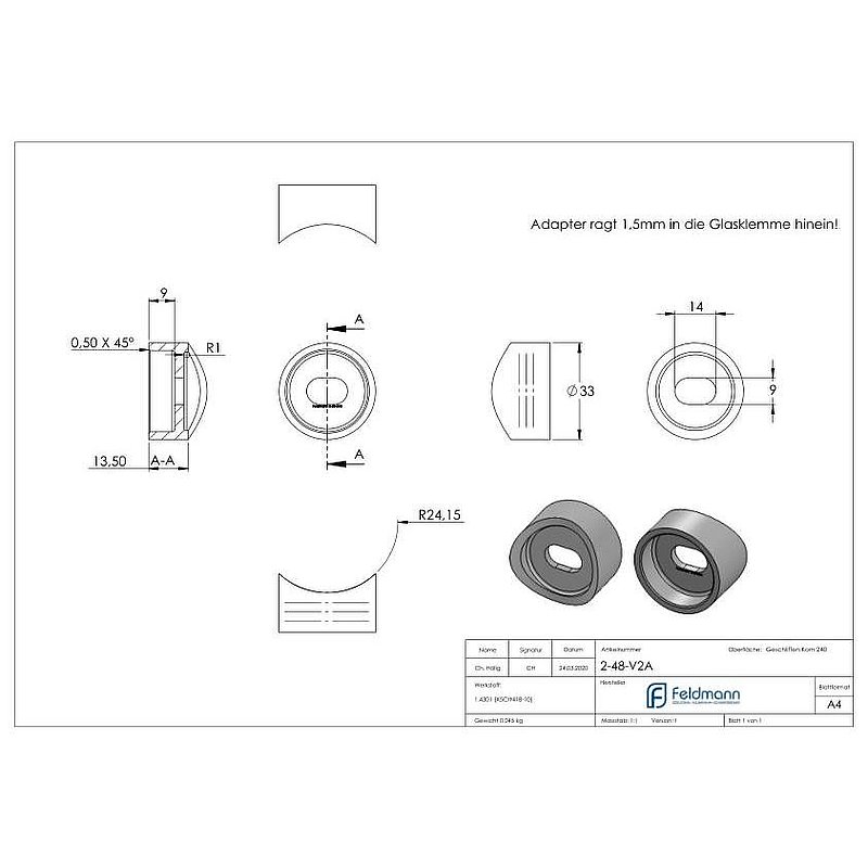 Adapterstück, Anschluss 48,3mm, V2A