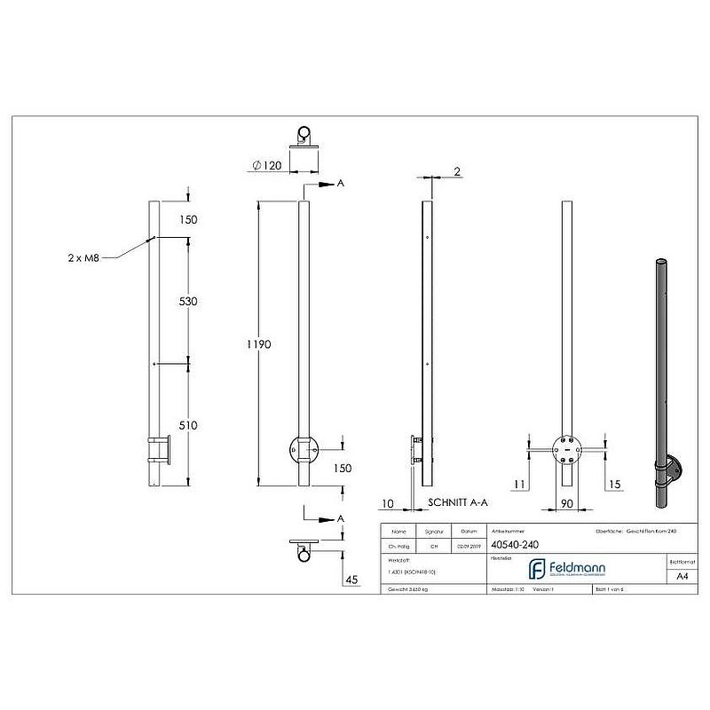 Stainless steel post AISI304 for wall mounting, H: 1190mm