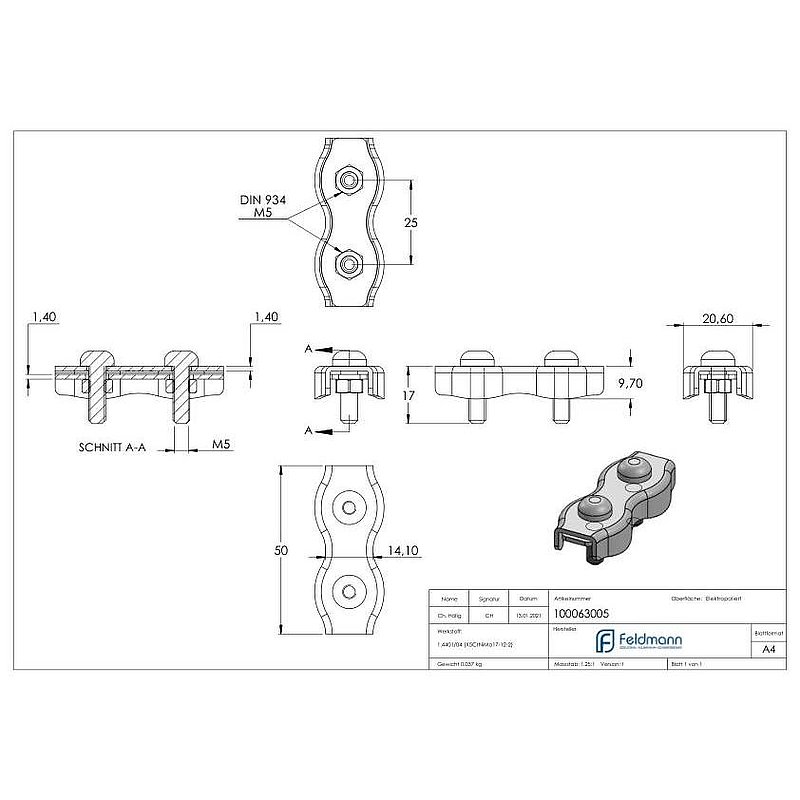 Duplexklemmen für Seil 5mm, V4A