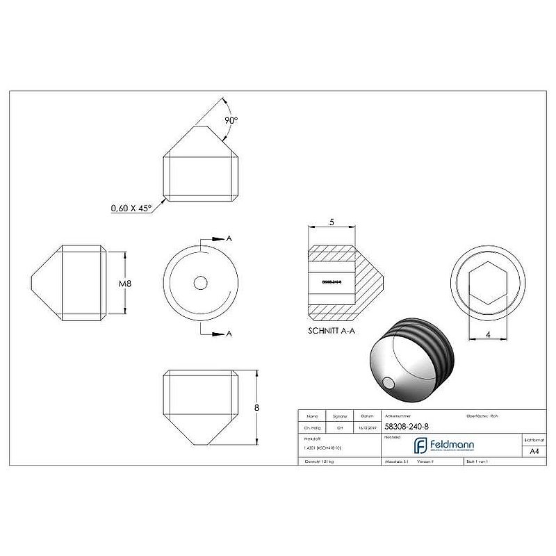 Gewindestift M8x8, V2A, DIN 914 / ISO 4027