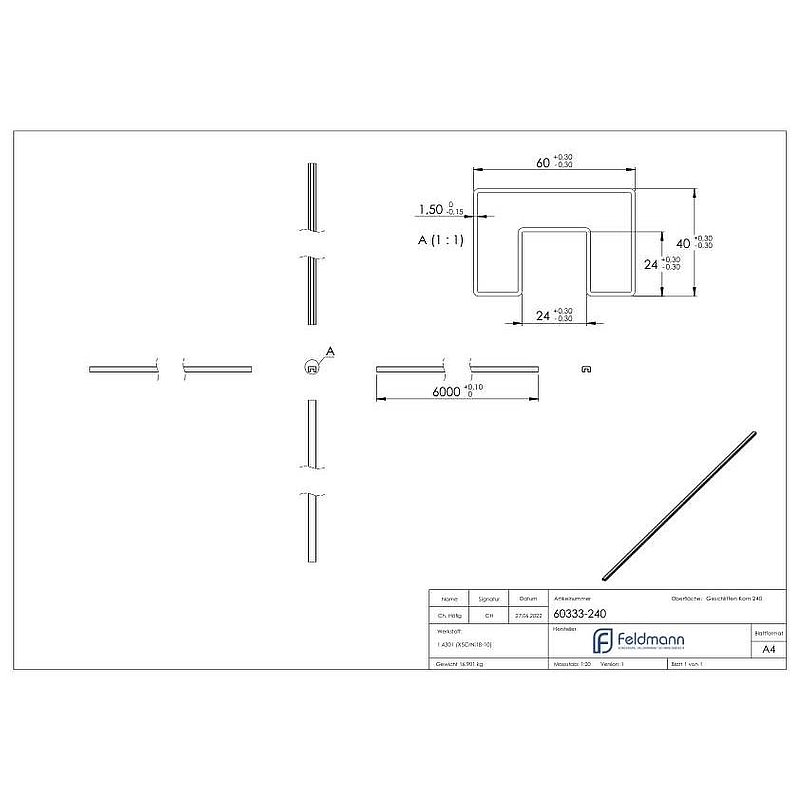 Rechtecknutrohr, 60x40x1,5 mm, L: 6000mm, V2A