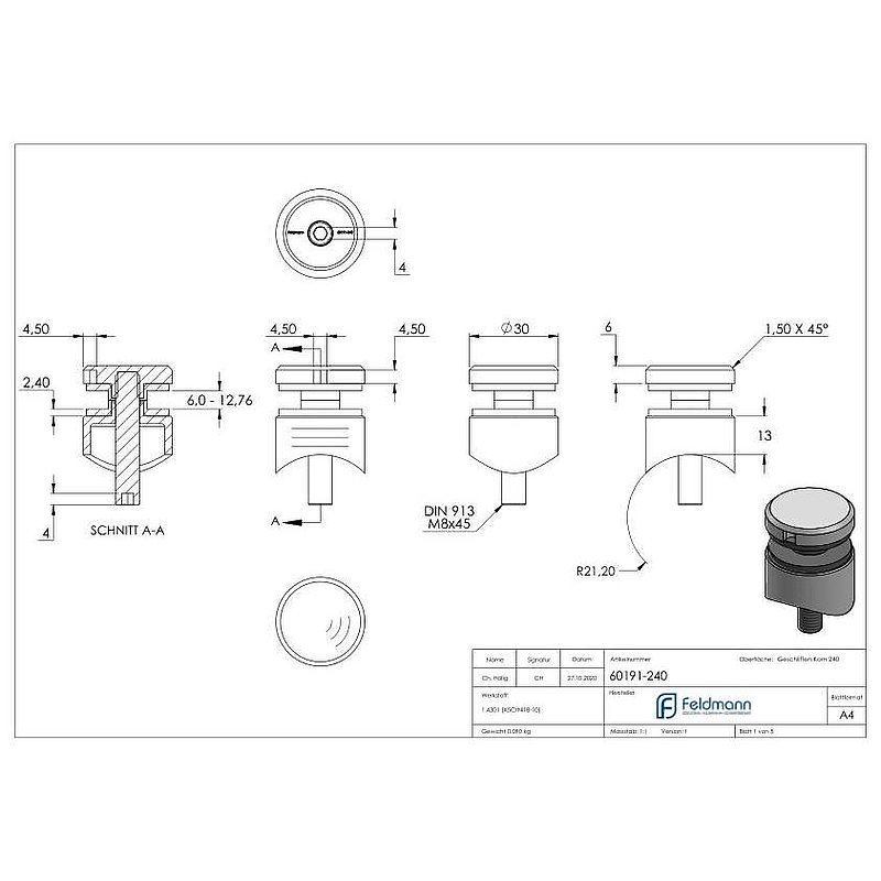 Glaspunkthalter 30mm, Anschluss: 42,4mm, V2A