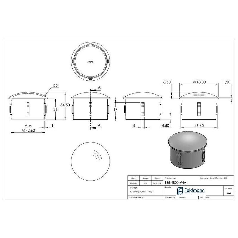 Rohrabschlussstopfen, für Rohr 48,3x2,0 - 2,5mm, V4A