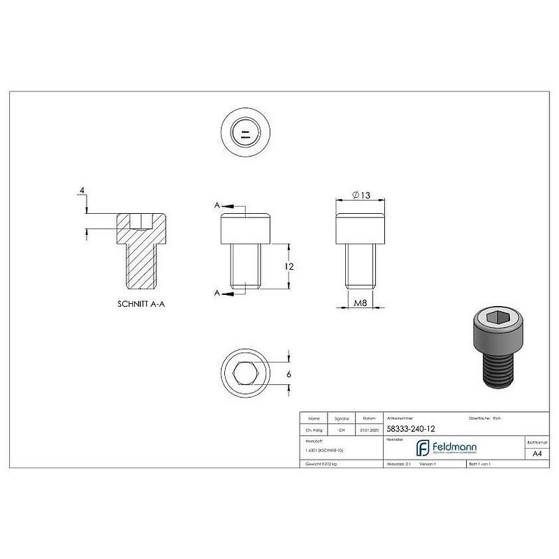 Cylinder head screw M8x12 AISI304 DIN 912