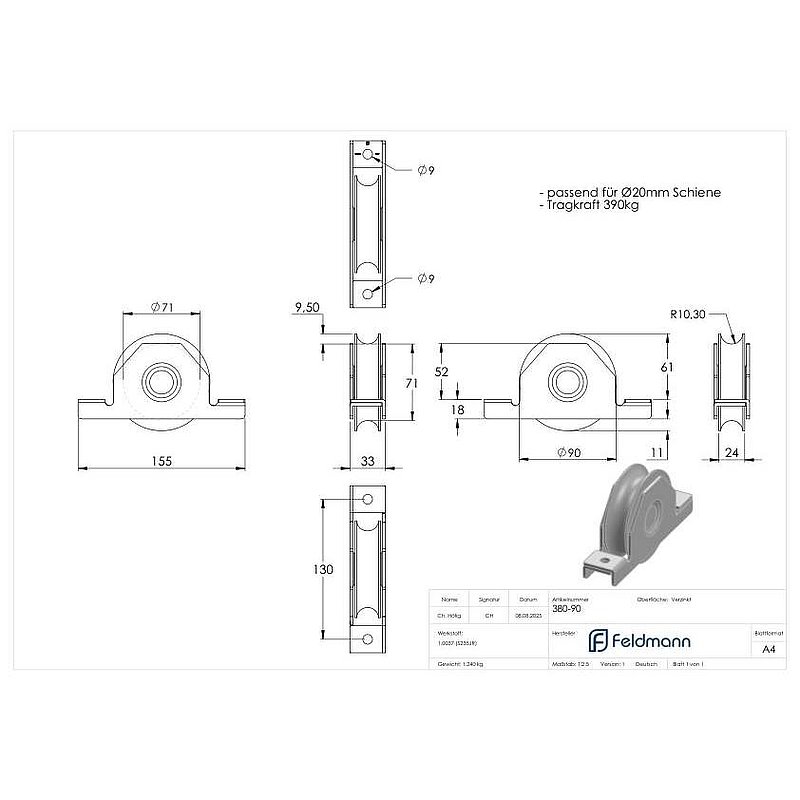 Schiebetorrolle mit Rundrille, Ø 90mm, für Schiene Ø 20mm, 2 Kugellager, verzinkt