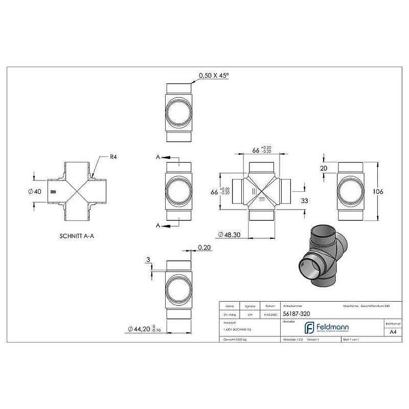 Kreuzstück, für Rohr 48,3x2,0mm, V2A