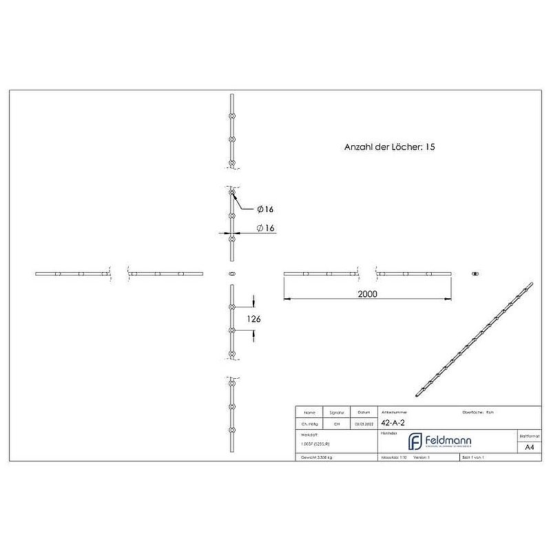 Perforated strip S235JR, 16mm, hole spacing 126mm, 2000mm