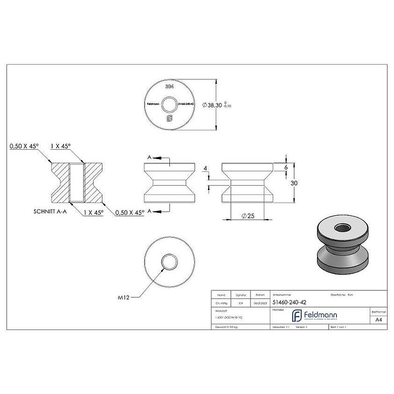 Einschweißgewinde mit M12 Gewinde für Rohr 42,4 x 2,0mm, V2A
