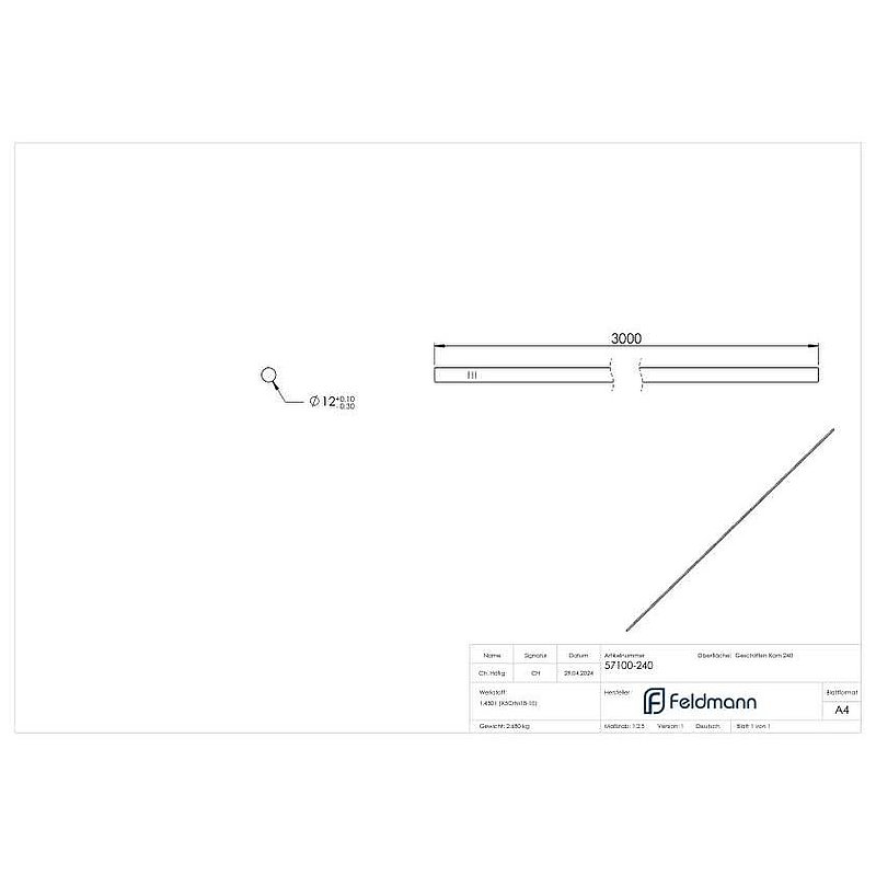 Rundmaterial, 12mm, L: 3000mm, V2A