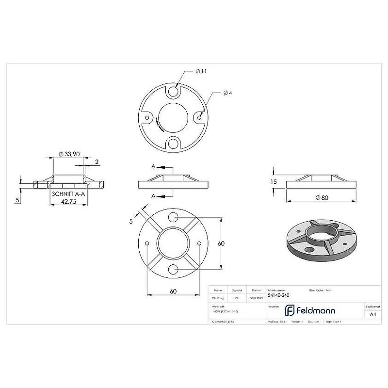 Anchor plate, Ø 80x8mm, raw, AISI304
