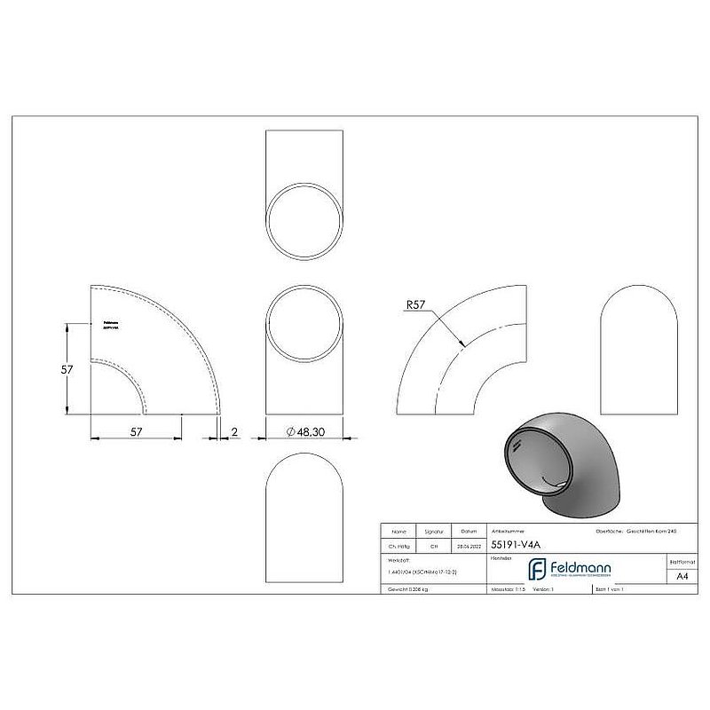 Schweißbogen 90°, 48,3x2,0mm, V4A
