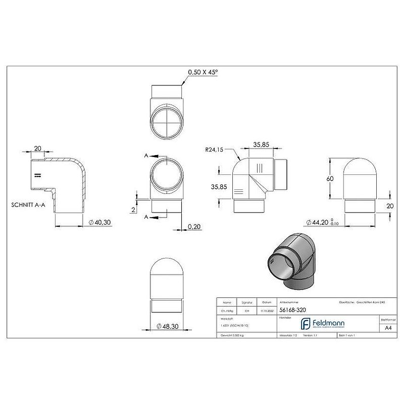 Rohrbogen 90° eng, für Rohr 48,3x2,0mm, V2A