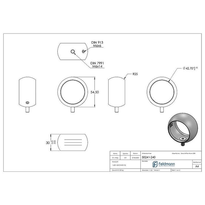 Kugelring für Handlaufhalter, 42,4mm, V2A