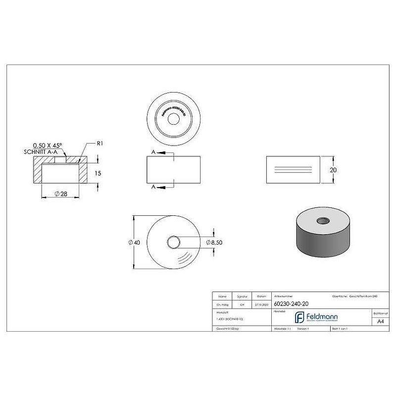 Unterteil Ø 40mm, mit Durchgangsbohrung , t: 20mm, V2A