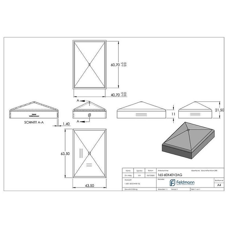 Pillar cover for 60x40mm, closed surface, AISI304