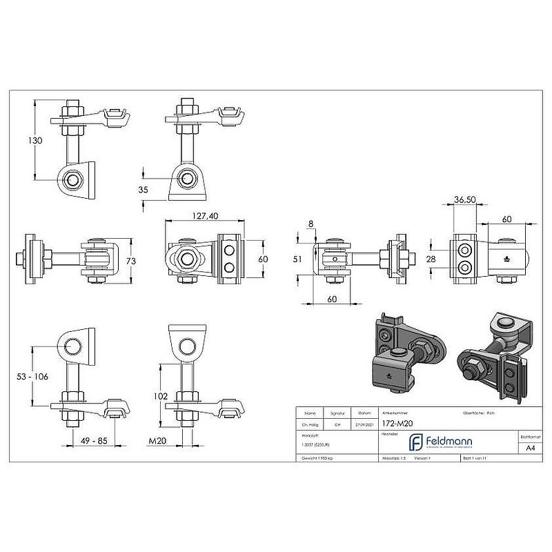Door hinge M20, 4-way adjustable, 180°