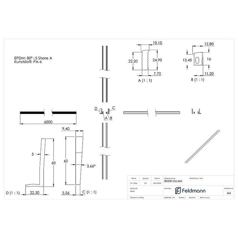 Montageset für 6m Aluprofil für Glas 12,76 - 13,52mm