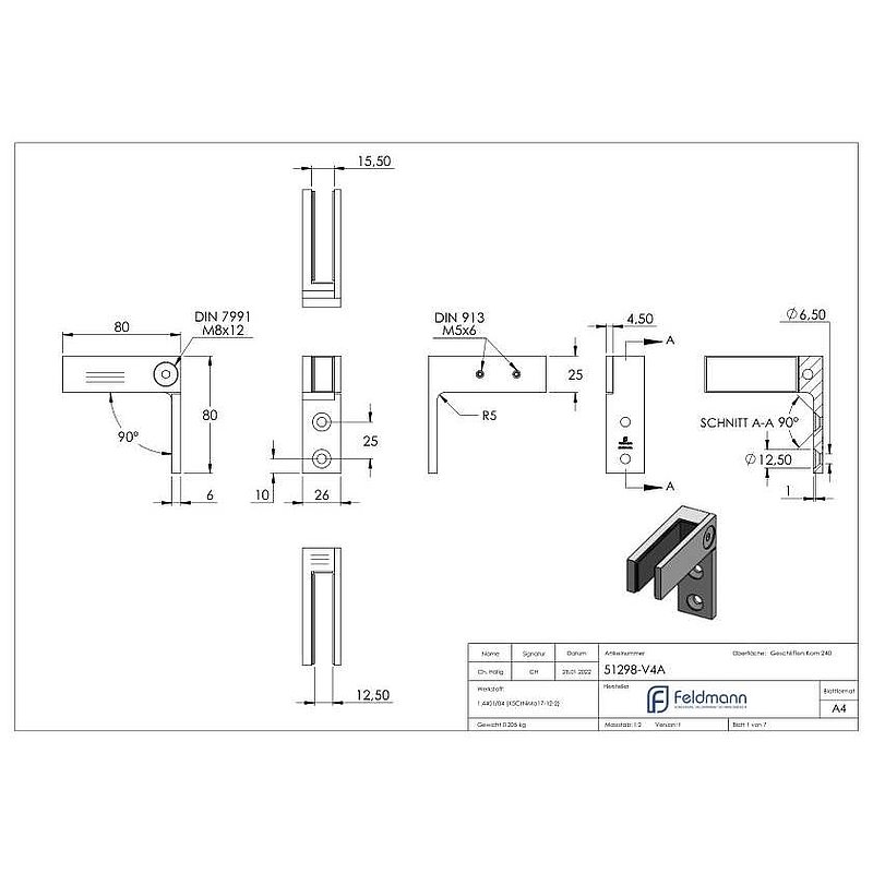 Glasverbinder für Wandmontage, für Glas 12 - 12,76mm, V4A