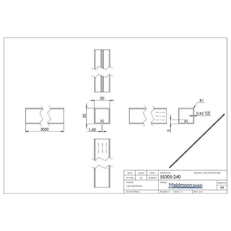 Klemmprofil, 20x20x1,0mm, L: 3000mm, V2A