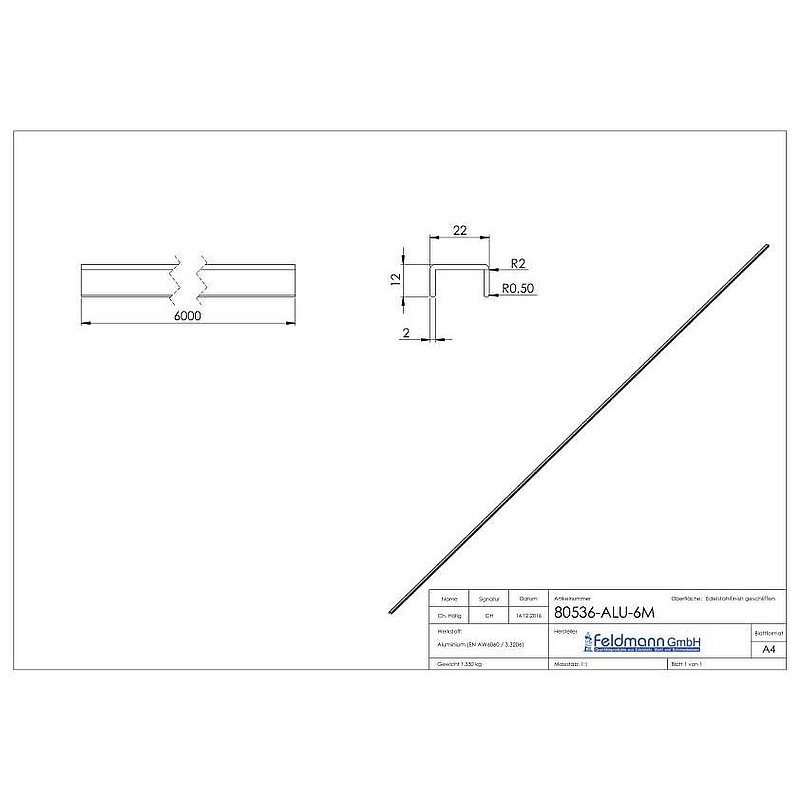 Aluminium U-profile, 22x12x2mm, L: 6000mm