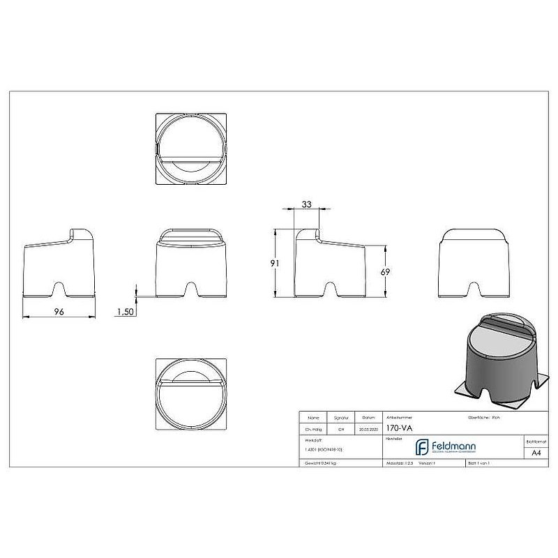 Sabot butée acier inoxydable matte, Ø 96 x 91, V2A