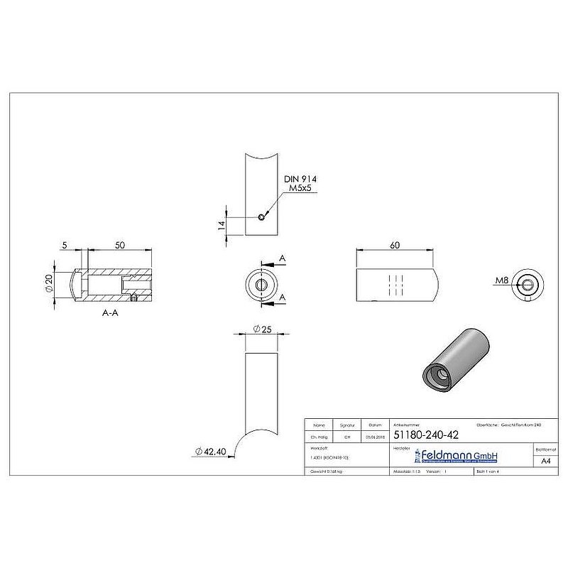 Support de tube - pour raccordement en tube de Ø 42,4mm, V2A