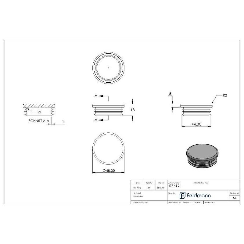 Plastic end cap for round tube 48.3 mm