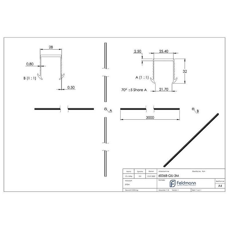 Keildichtung Glas 24,76 – 25,52mm, für Nut 27x30mm, 3m
