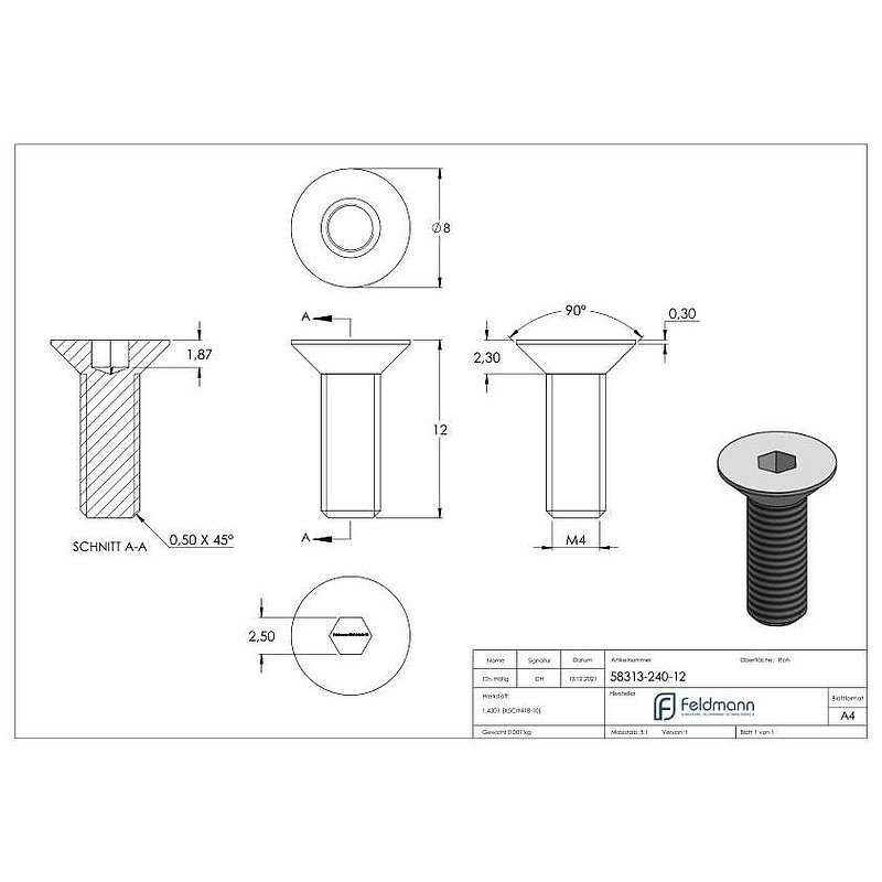 Countersunk head screw M4x12 AISI304 ISO 10642