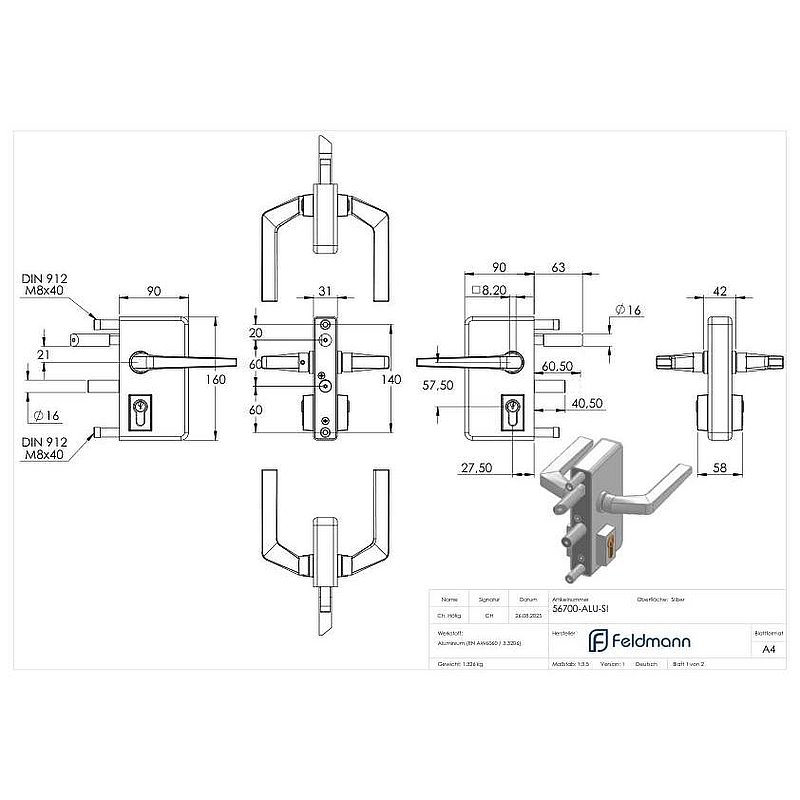 Gittertorschloss GTS 2 für Rohrstärke 40-60mm, Gehäuse silber