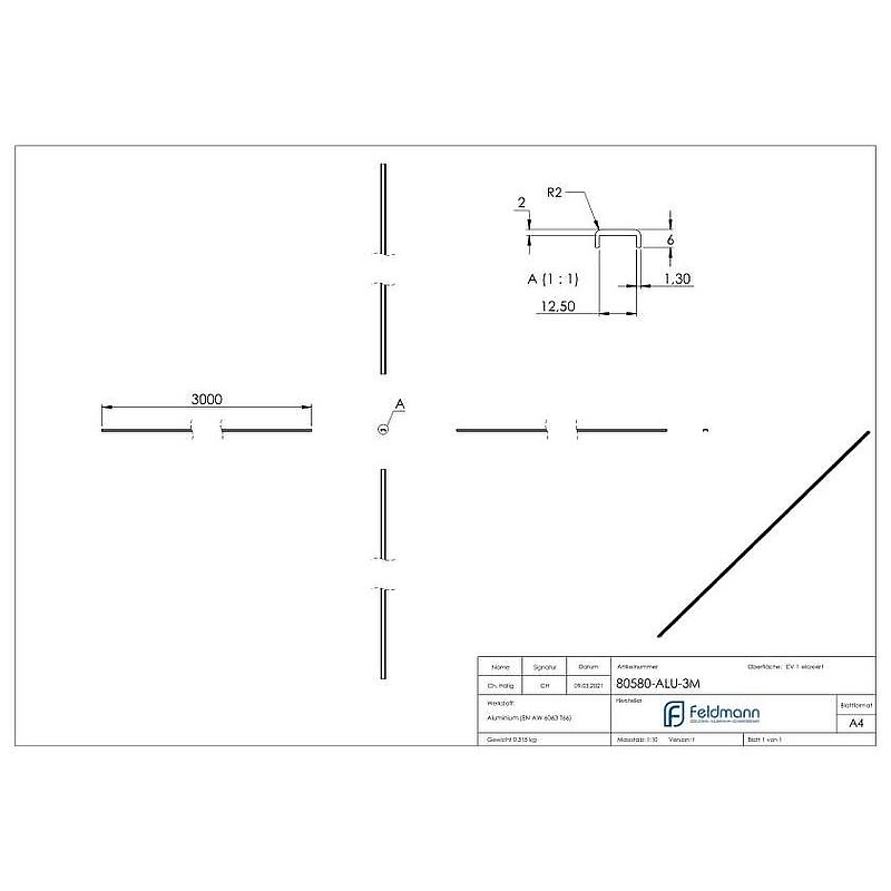 Edge protection EXTRA SLIM, for glass 10.00 - 11.52mm, L: 3000mm, aluminium E4/EV1