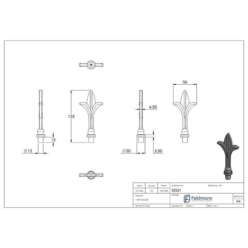 Fence tip, base 12mm, HxW: 125x55mm