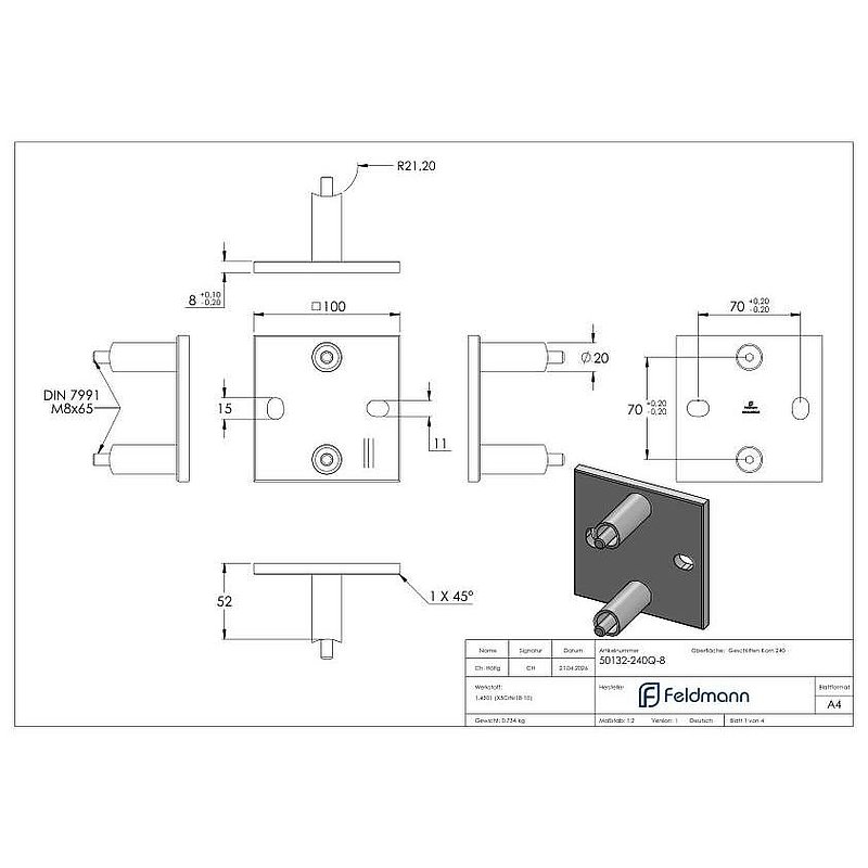Wandbefestigung für Geländerpfosten 42,4mm, V2A