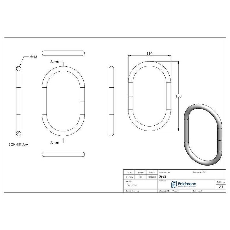 Ring 12mm, oval, 180x110mm
