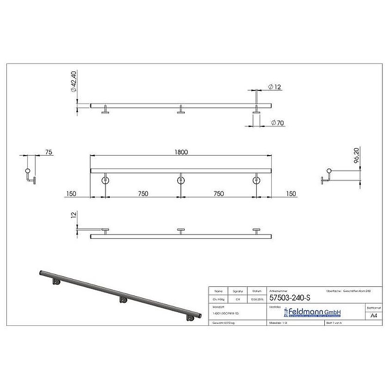 Handlauf, montagefertig, L: 1,8m, V2A