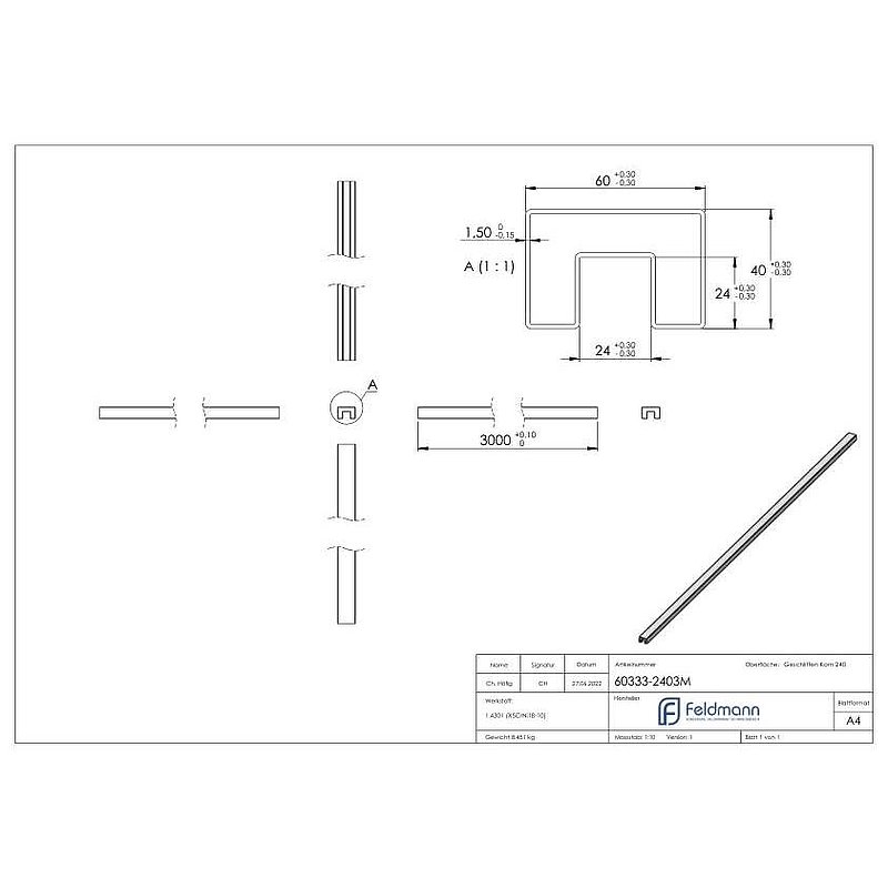 Tube rectangulaire à fond de gorge, 60x40x1,5 mm, L: 3000mm, V2A